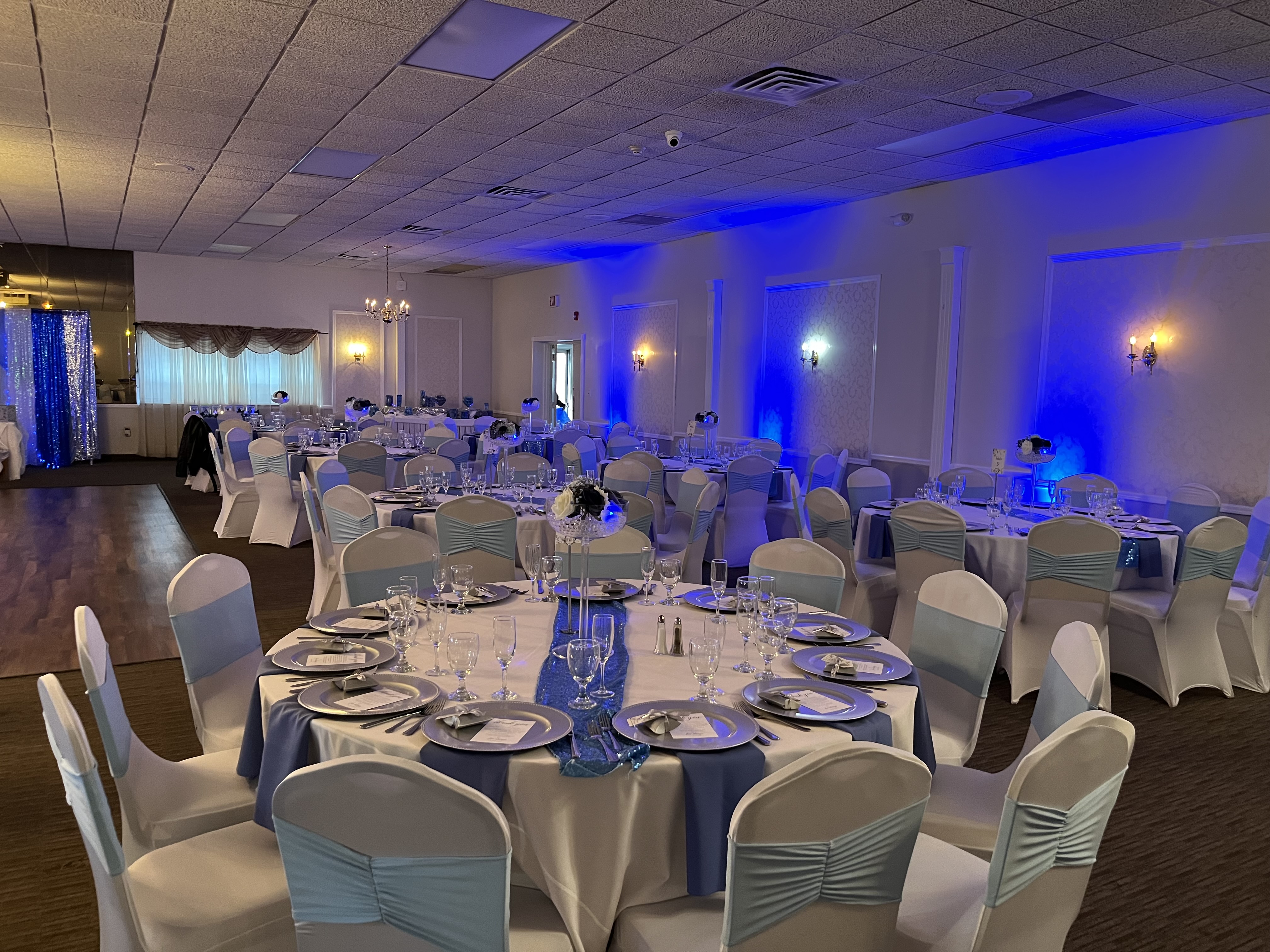 Banquet hall with blue uplighting